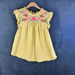 Blu Pepper Yellow Flutter Sleeve Embellished Blouse Sz S - oversized